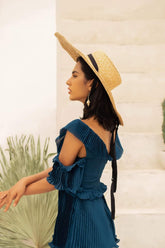 Pleated off-shoulder silk dress with ruffle trim and tiered midi-length silhouette